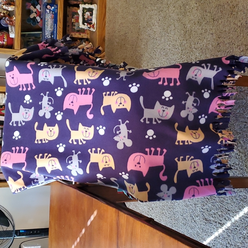 Homemade tied fleece cat themed blanket